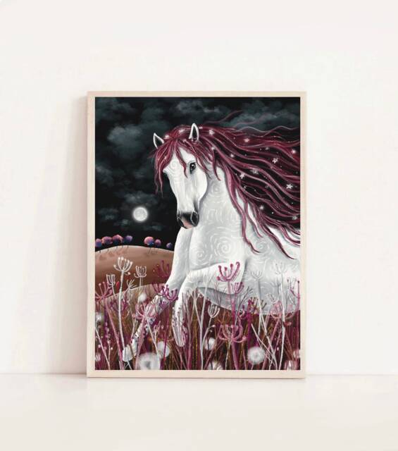 A3 A4 Original Art Print - Midnight Horse Dreamy White Horse Art Fantasy Poster Wildlife Wall Nursery - image 1