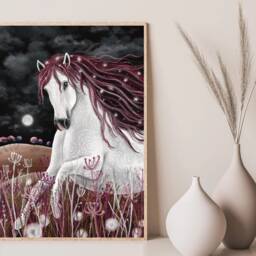 A3 A4 Original Art Print - Midnight Horse Dreamy White Horse Art Fantasy Poster Wildlife Wall Nursery - thumbnail 2