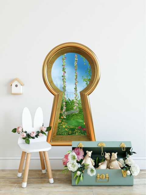 3D Keyhole Fabric Wall Decal - Enchanted Garden Swing Fantasy 3D Hole Sticker Removable & Repositionable - image 1