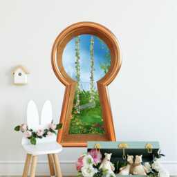 3D Keyhole Fabric Wall Decal - Enchanted Garden Swing Fantasy 3D Hole Sticker Removable & Repositionable - thumbnail 3