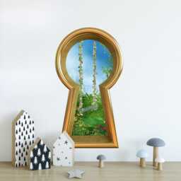 3D Keyhole Fabric Wall Decal - Enchanted Garden Swing Fantasy 3D Hole Sticker Removable & Repositionable - thumbnail 2