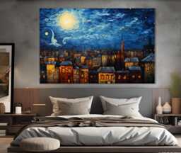 Abstract Bucharest Canvas Print in Van Gogh Starry Night Style, Skyline, Wall Art, Painting, Romania - thumbnail 1