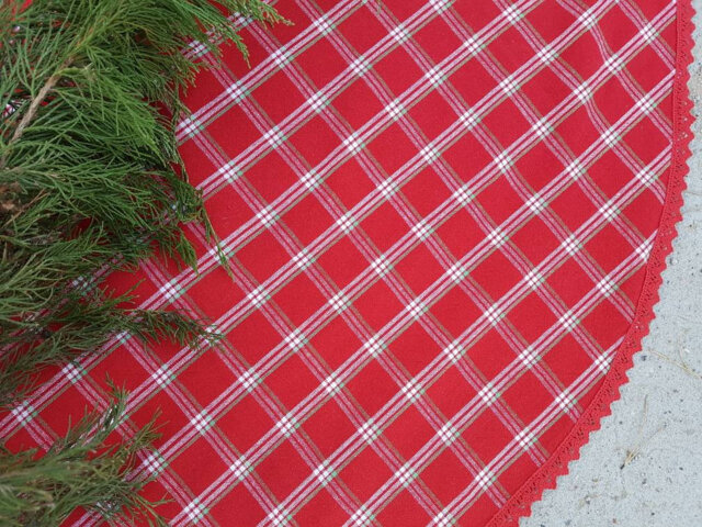 Red Gingham Christmas Tree Skirt Checkered Ornament Decor Nordic Fabric Swedish - image 1