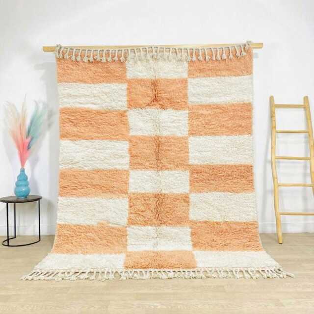 Moroccan Peach & White Berber Rug, Handwoven Wool Shag Rug With Checkerboard Pattern, Authentic Beni Ourain Style Carpet, Large Area - image 1