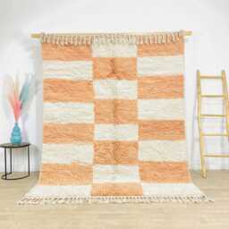 Moroccan Peach & White Berber Rug, Handwoven Wool Shag Rug With Checkerboard Pattern, Authentic Beni Ourain Style Carpet, Large Area - thumbnail 1
