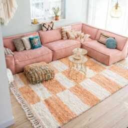 Moroccan Peach & White Berber Rug, Handwoven Wool Shag Rug With Checkerboard Pattern, Authentic Beni Ourain Style Carpet, Large Area - thumbnail 3