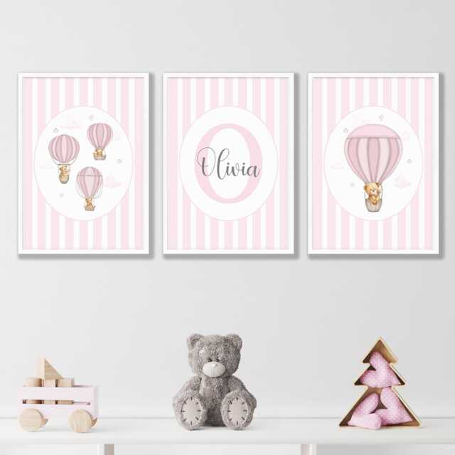 Personalised Pink Hot Air Balloon Nursery Prints, Baby Girl Wall Art Set 3 - image 1