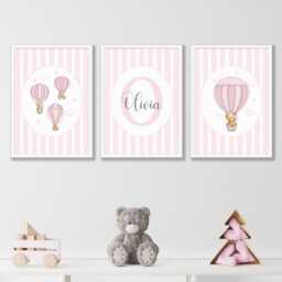 Personalised Pink Hot Air Balloon Nursery Prints, Baby Girl Wall Art Set 3 - thumbnail 1