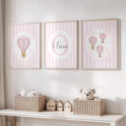 Personalised Pink Hot Air Balloon Nursery Prints, Baby Girl Wall Art Set 3 - thumbnail 3
