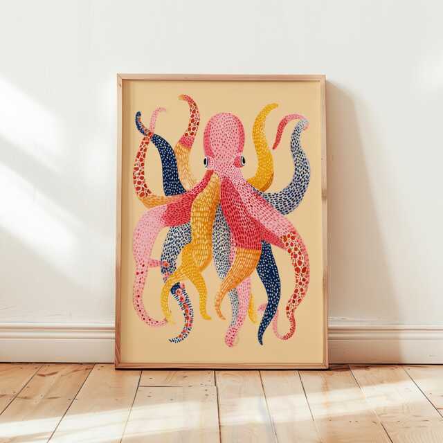Boho Octopus Wall Art - Vibrant Ocean Life Poster Whimsical Pink & Mustard Sea Creature Print Retro Mid-Century Modern Coastal Decor - image 1