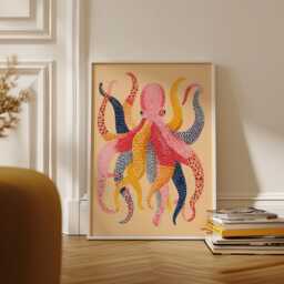 Boho Octopus Wall Art - Vibrant Ocean Life Poster Whimsical Pink & Mustard Sea Creature Print Retro Mid-Century Modern Coastal Decor - thumbnail 2