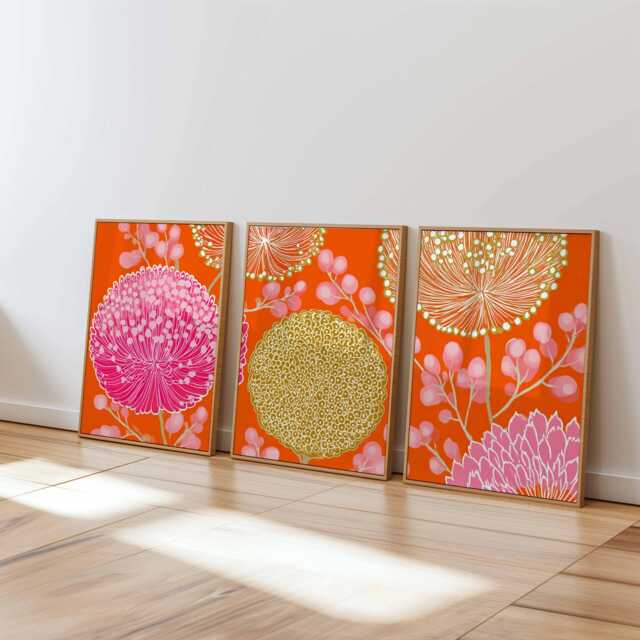Bright Floral Wall Art Set Of 3, Modern Orange Pink & Gold Botanical Prints, Vibrant Contemporary For Home Decor - image 1