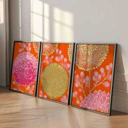 Bright Floral Wall Art Set Of 3, Modern Orange Pink & Gold Botanical Prints, Vibrant Contemporary For Home Decor - thumbnail 2
