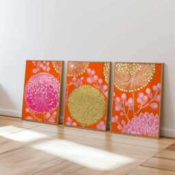 Bright Floral Wall Art Set Of 3, Modern Orange Pink & Gold Botanical Prints, Vibrant Contemporary For Home Decor - thumbnail 1