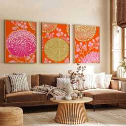 Bright Floral Wall Art Set Of 3, Modern Orange Pink & Gold Botanical Prints, Vibrant Contemporary For Home Decor - thumbnail 3