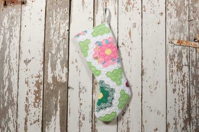 Vintage Hand-Stitched Quilt Christmas Stocking Grandma's Garden Decor - image 1