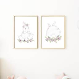 Bunny Prints Baby Nursery, Lilac Floral Prints, Flower Nursery Wall Art, Set Of 2 Decor Girls Bedroom - thumbnail 2