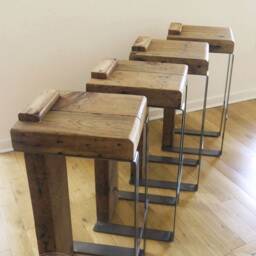 Handmade Reclaimed Wood Bar Stool Rustic Industrial Metal - thumbnail 2
