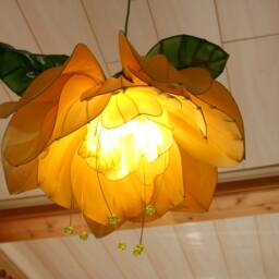 Yellow Gardenia Chandelier Lamp With 2 Green Leaves, Made Of Steel Wire & Fabric - thumbnail 4