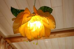 Yellow Gardenia Chandelier Lamp With 2 Green Leaves, Made Of Steel Wire & Fabric