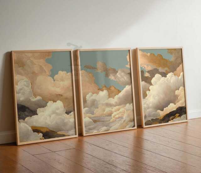 Japanese Clouds Bedroom Wall Art Set Of 3 Prints, White Beige Sky Posters, Vintage Home Decor, Large Poster Art - image 1