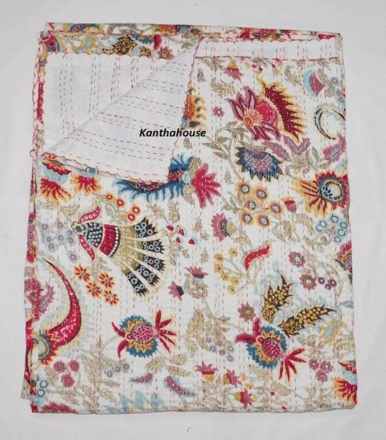 Handmade Indian Kantha Quilt Floral Cotton Bedspread Throw - image 1