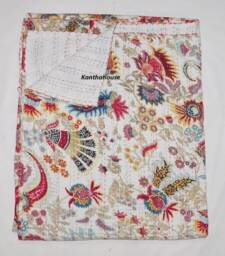 Handmade Indian Kantha Quilt Floral Cotton Bedspread Throw - thumbnail 1