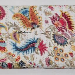 Handmade Indian Kantha Quilt Floral Cotton Bedspread Throw - thumbnail 2