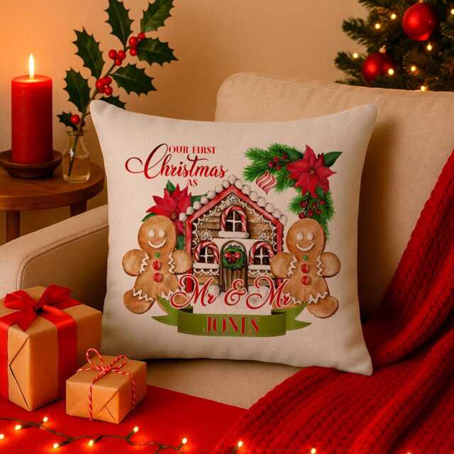 Personalised 1St Christmas Cushion Cover Mr & Gingerbread Couple First Xmas Custom Throw Pillow Stocking Filler Gift Ekcc01 - image 1
