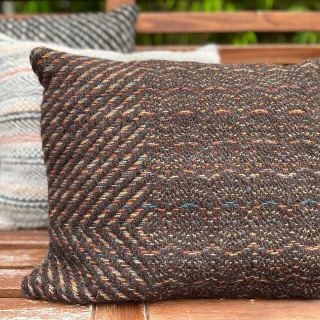 Handwoven Wool Cushion - Locally Sourced Lambswool, Brown Ochre & Blue - image 1