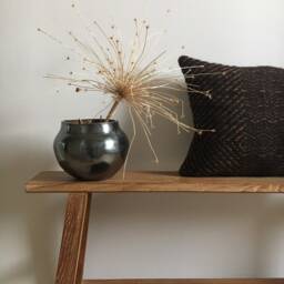 Handwoven Wool Cushion - Locally Sourced Lambswool, Brown Ochre & Blue - thumbnail 2