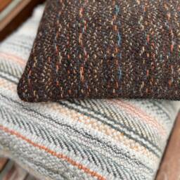Handwoven Wool Cushion - Locally Sourced Lambswool, Brown Ochre & Blue - thumbnail 4