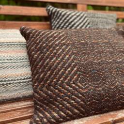 Handwoven Wool Cushion - Locally Sourced Lambswool, Brown Ochre & Blue - thumbnail 3