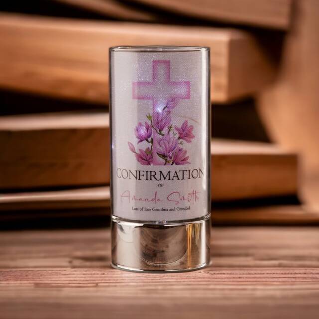 Personalised Confirmation Night Light Gift With Floral Pink Cross - image 1