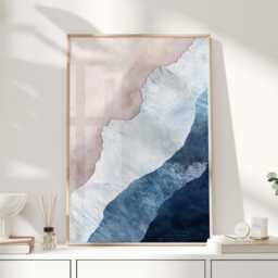 Abstract Ocean & Sand Print - Coastal Wall Art in Blue Blush Modern Seascape Poster For Bedroom Or Living Room - thumbnail 1
