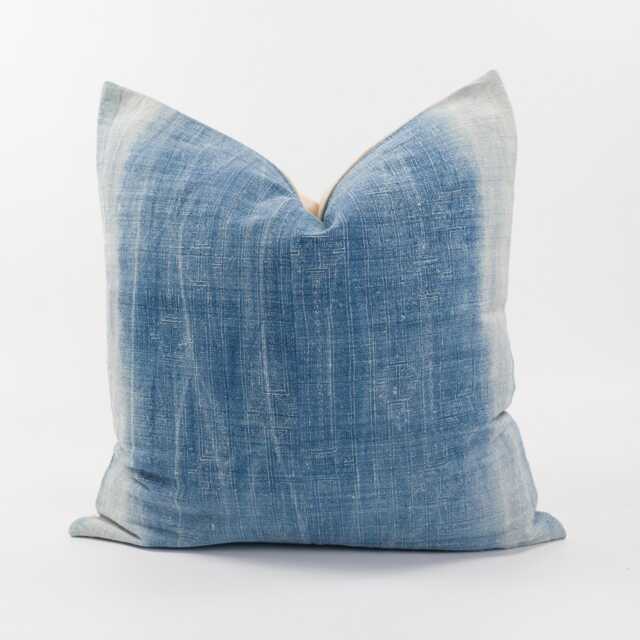 Vintage Indigo Hemp Pillow Cover, White Stripe Batik, Tribal Cushion - 22x22 - image 1