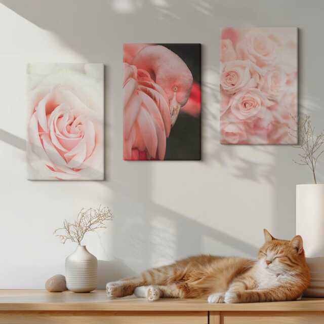Canvas Art Set Of 3 - Pastel Pinks & Flamingo in Delicate Shades, Pink Picture Print, Plants Flowers Wall Decor - image 1