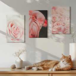 Canvas Art Set Of 3 - Pastel Pinks & Flamingo in Delicate Shades, Pink Picture Print, Plants Flowers Wall Decor - thumbnail 1