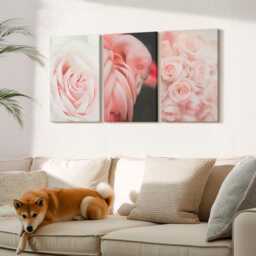 Canvas Art Set Of 3 - Pastel Pinks & Flamingo in Delicate Shades, Pink Picture Print, Plants Flowers Wall Decor - thumbnail 2
