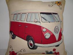 Decorative Cushion Cover Motif Bus Tapestry Fabric & Black-Grey Vintage Denim Upcycled Freedom Chill Camping Nature Tranquility - thumbnail 1
