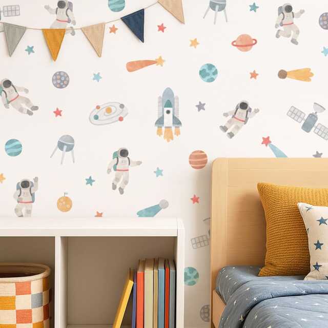 Space Wall Decals - Removable, Reusable Astronaut Stickers Watercolor Planet & Star Decals, Nursery Decor, Kids Room Art - image 1