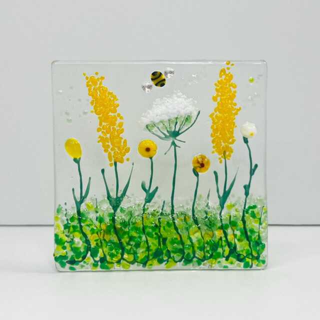 Yellow & White Wild Meadow & Bee Handmade Fused Glass Tealight Holder - image 1