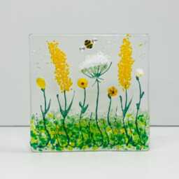 Yellow & White Wild Meadow & Bee Handmade Fused Glass Tealight Holder - thumbnail 1