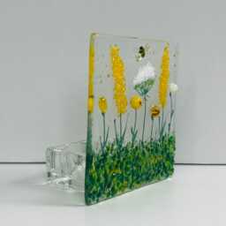 Yellow & White Wild Meadow & Bee Handmade Fused Glass Tealight Holder - thumbnail 2
