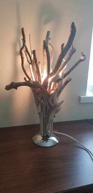 Welsh Coast Driftwood Lamp, Silver Base, Natural Wood Accent - image 1