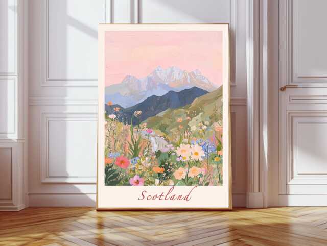 Scotland Travel Art Print, Mountains Landscape Wall Art, Vintage Poster, Wall Art - image 1