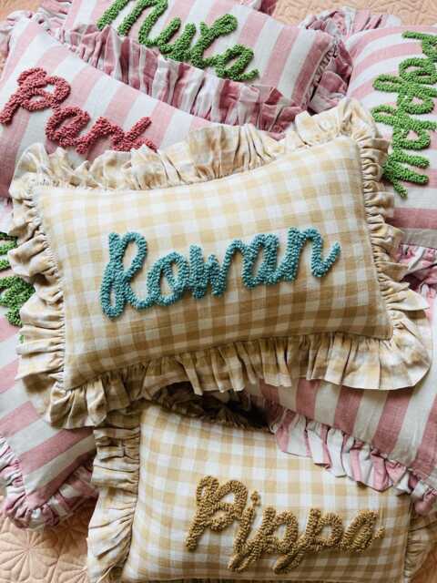 Sand Gingham Personalised Ruffled Cushion Handmade Punch Needle Decor - Gingham Nursery Kids Children Room Styling Custom Gift Baby Shower - image 1