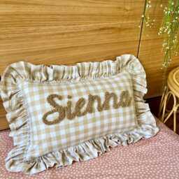 Sand Gingham Personalised Ruffled Cushion Handmade Punch Needle Decor - Gingham Nursery Kids Children Room Styling Custom Gift Baby Shower - thumbnail 3