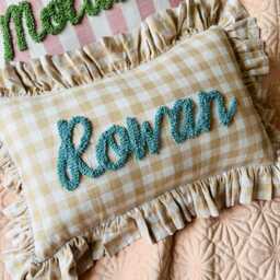 Sand Gingham Personalised Ruffled Cushion Handmade Punch Needle Decor - Gingham Nursery Kids Children Room Styling Custom Gift Baby Shower - thumbnail 2