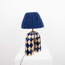 Handmade Blue Ceramic Lamp Diamond Pattern, Alpaca Silk Shade - thumbnail 2